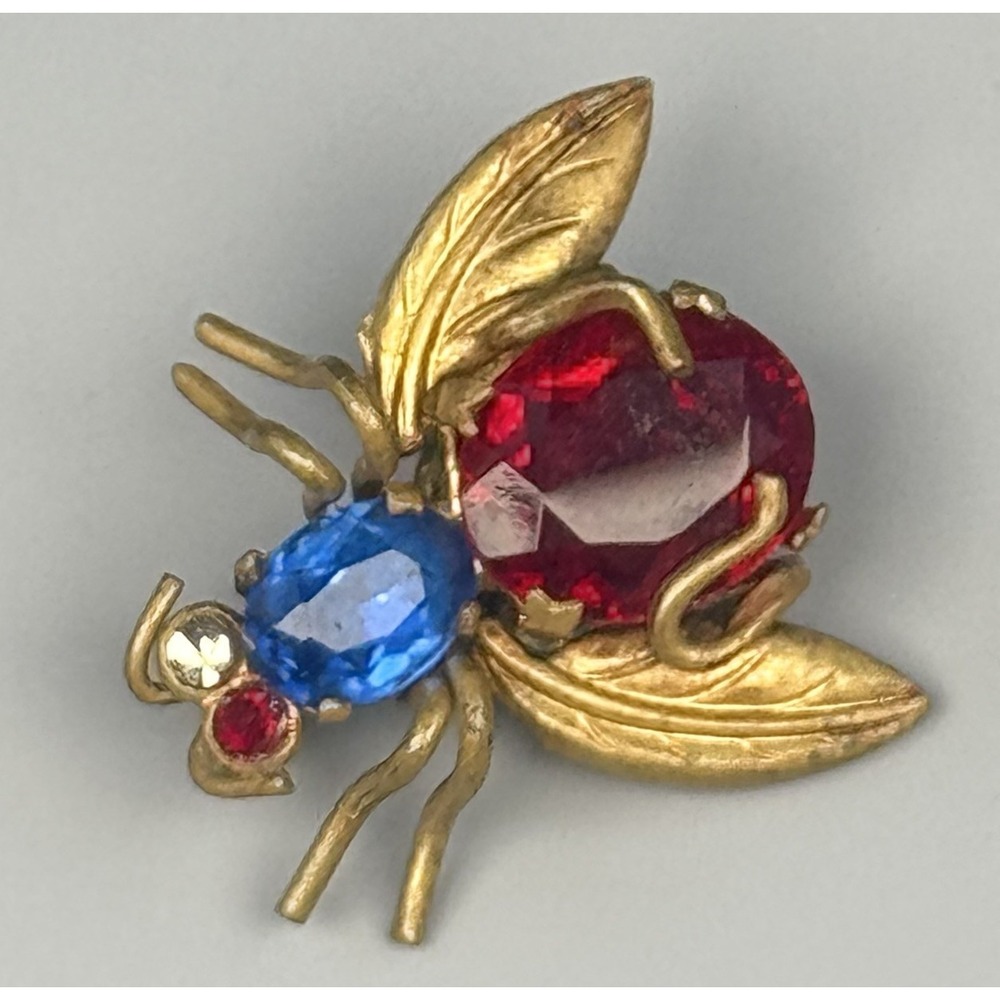 Art Deco CZECHO Stamped Glass Fly Bug Insect Brooch Pin Brass 1" Vintage 1930s